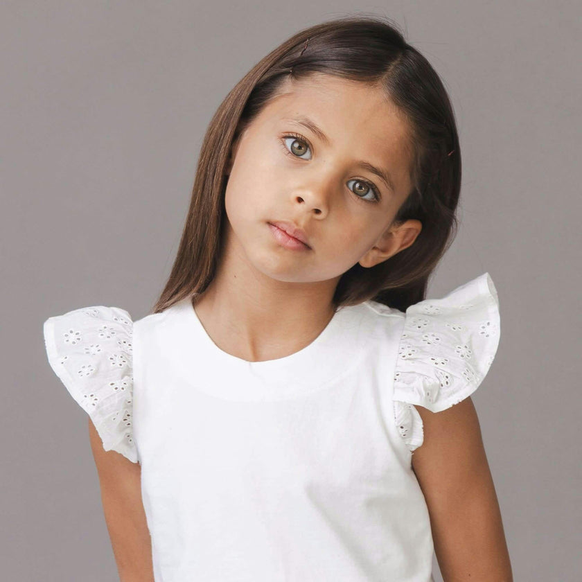 Organic Knit Top with Eyelet Flutter Sleeves, White
