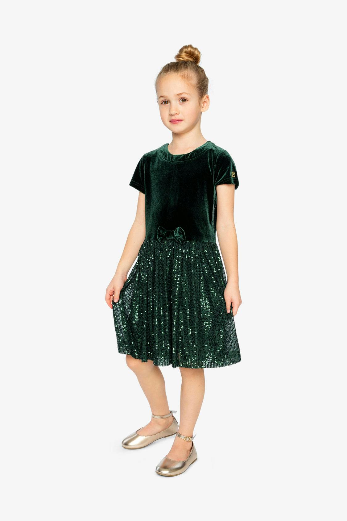 Bi-Material Short Sleeve Dress With Glittering Skirt Green Forest