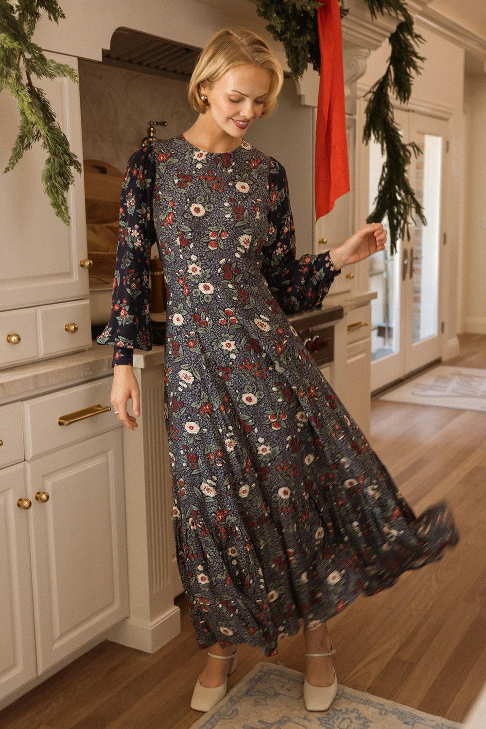Soleil Dress in Navy Etched Bloom