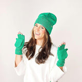 Packed Party Decked in Emerald Rhinestone Beanie and Mittens Set - Double-Layer Rib Knit with Multicolor Rhinestones and Fingerless Gloves, One Size Fits All