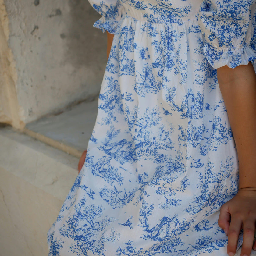 Aoki Blue Toile Dress | Short Sleeve