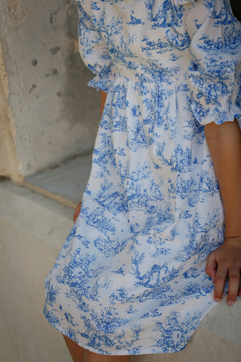 Aoki Blue Toile Dress | Short Sleeve