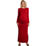 Curve Flattering Fit Round Neck Long Sleeve Side Slit Maternity Dress, Red