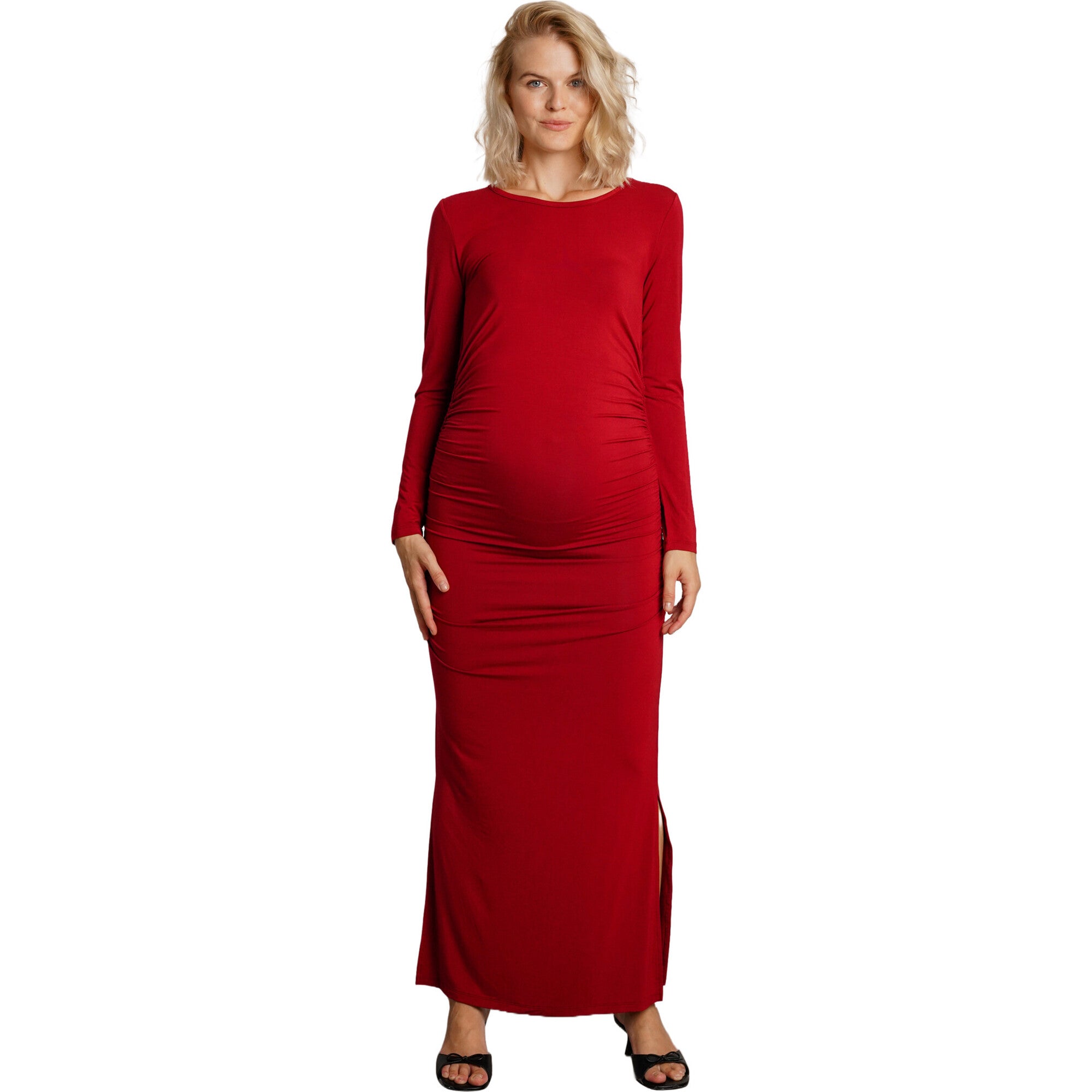 Curve Flattering Fit Round Neck Long Sleeve Side Slit Maternity Dress, Red