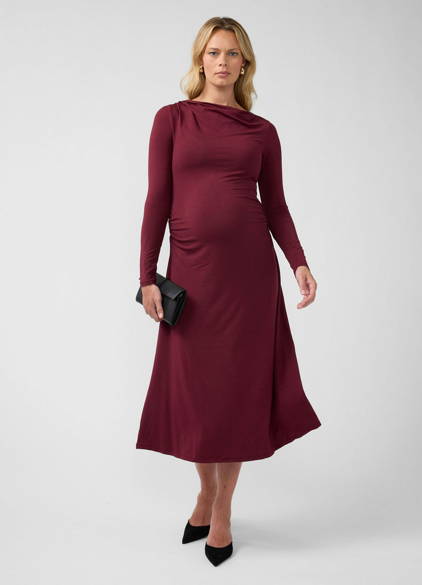 Ruched Long Sleeve Mock Neck Maternity Midi Dress