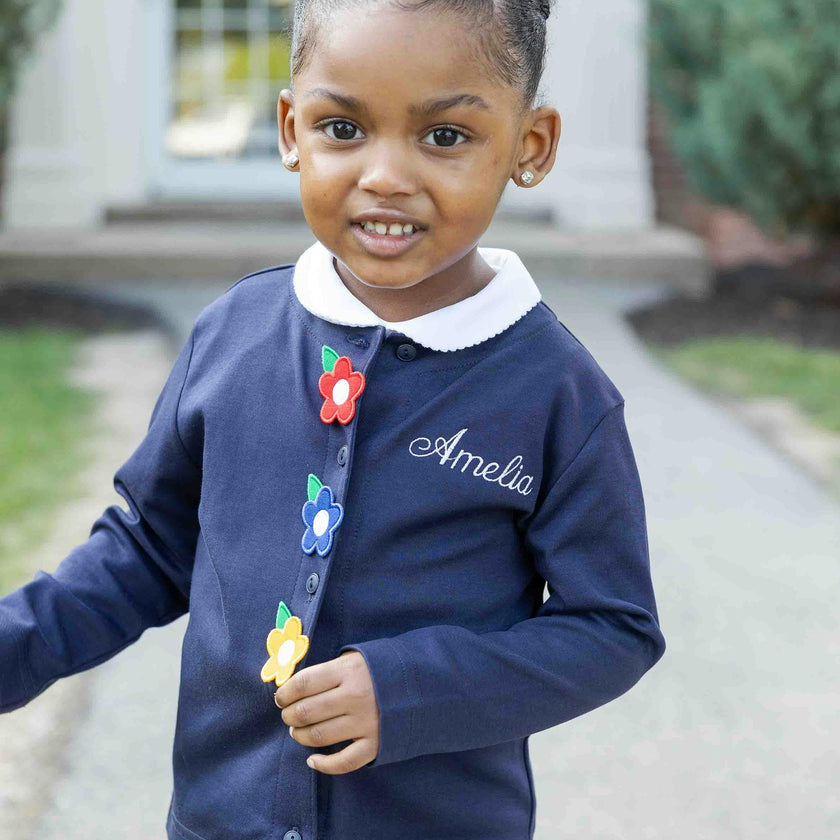 Navy Knit Cardigan With Flowers