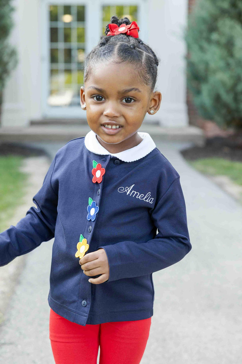 Navy Knit Cardigan With Flowers
