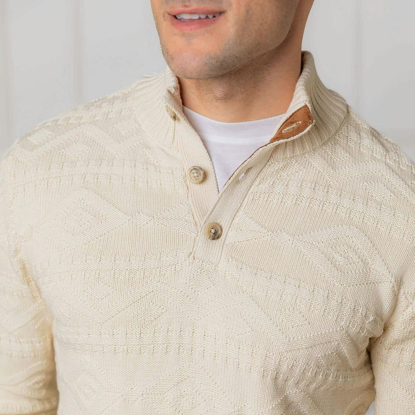 Men's Organic Mock Neck Cable Sweater, White