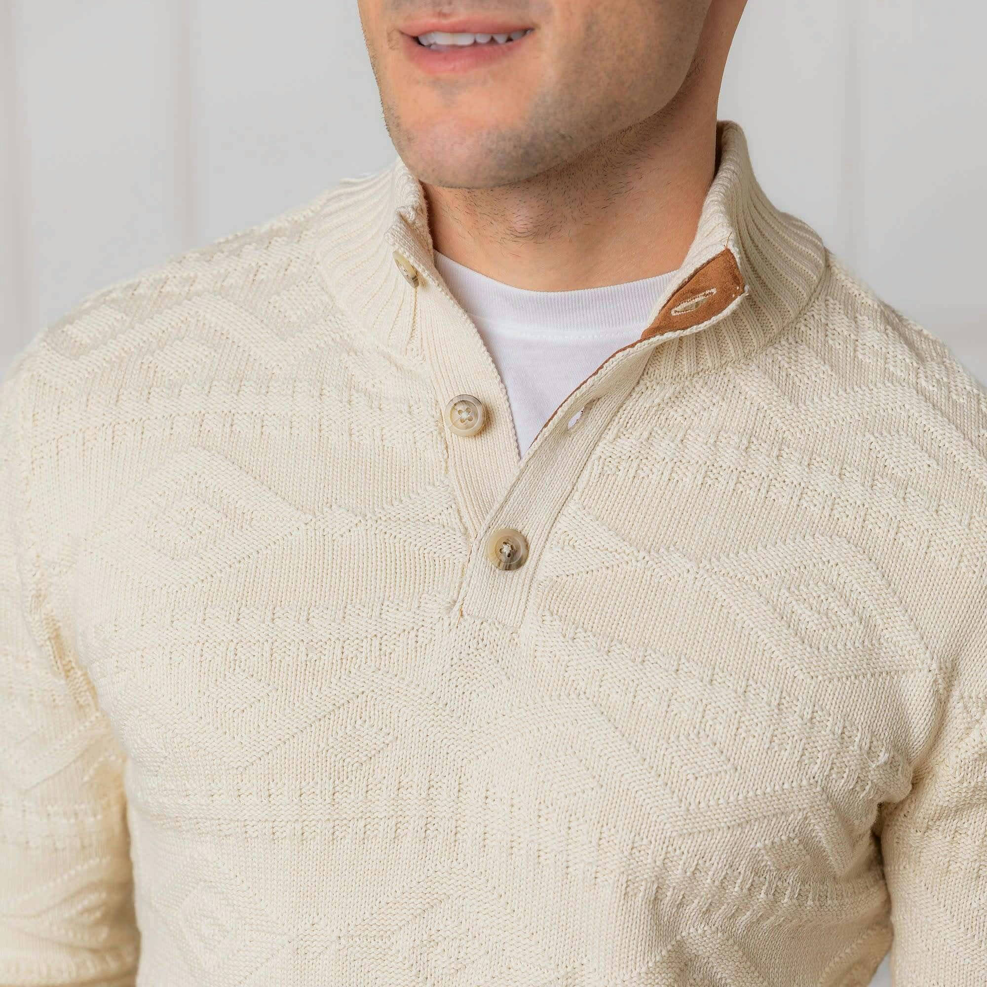 Men's Organic Mock Neck Cable Sweater, White