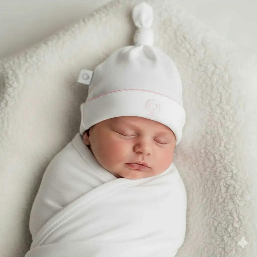 White Basic Pima Cotton Newborn Hat w/ blue monogram