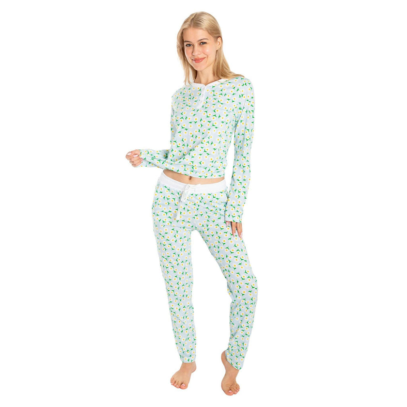 Women's Daisy Jersey Long PJ Set - Blue Organic Stretch Cotton