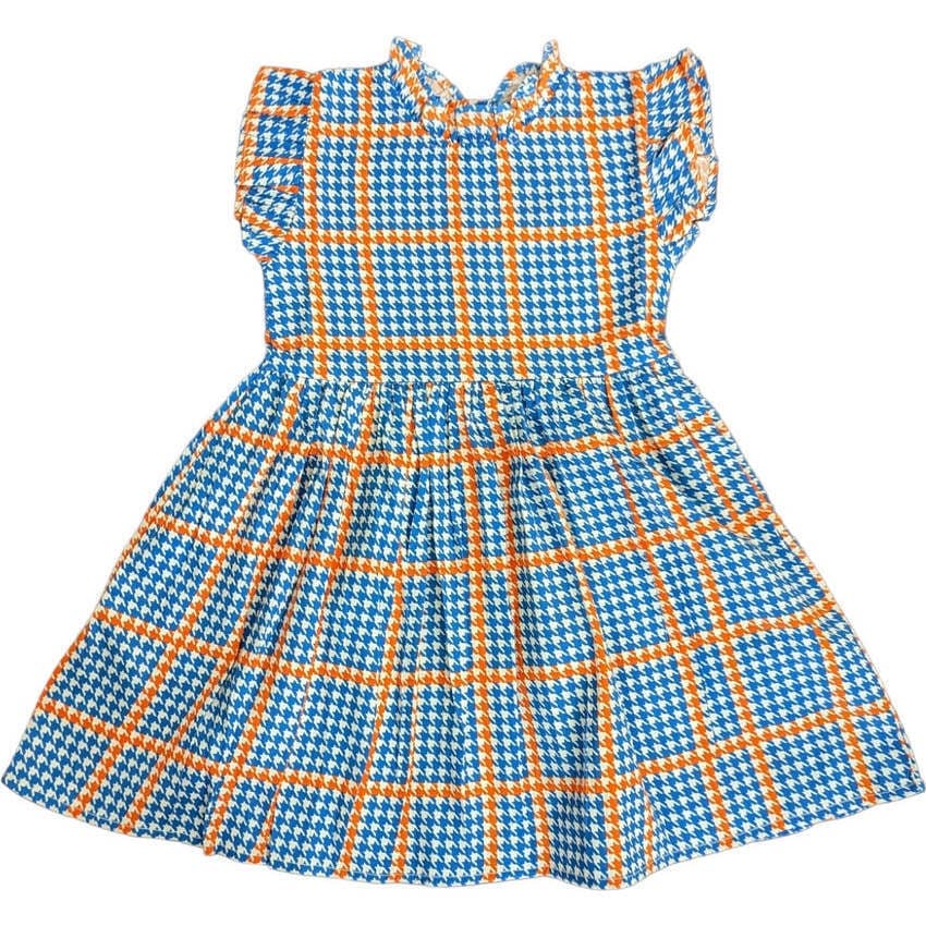 Houndstooth in Orange - Blue Ruffle Dress