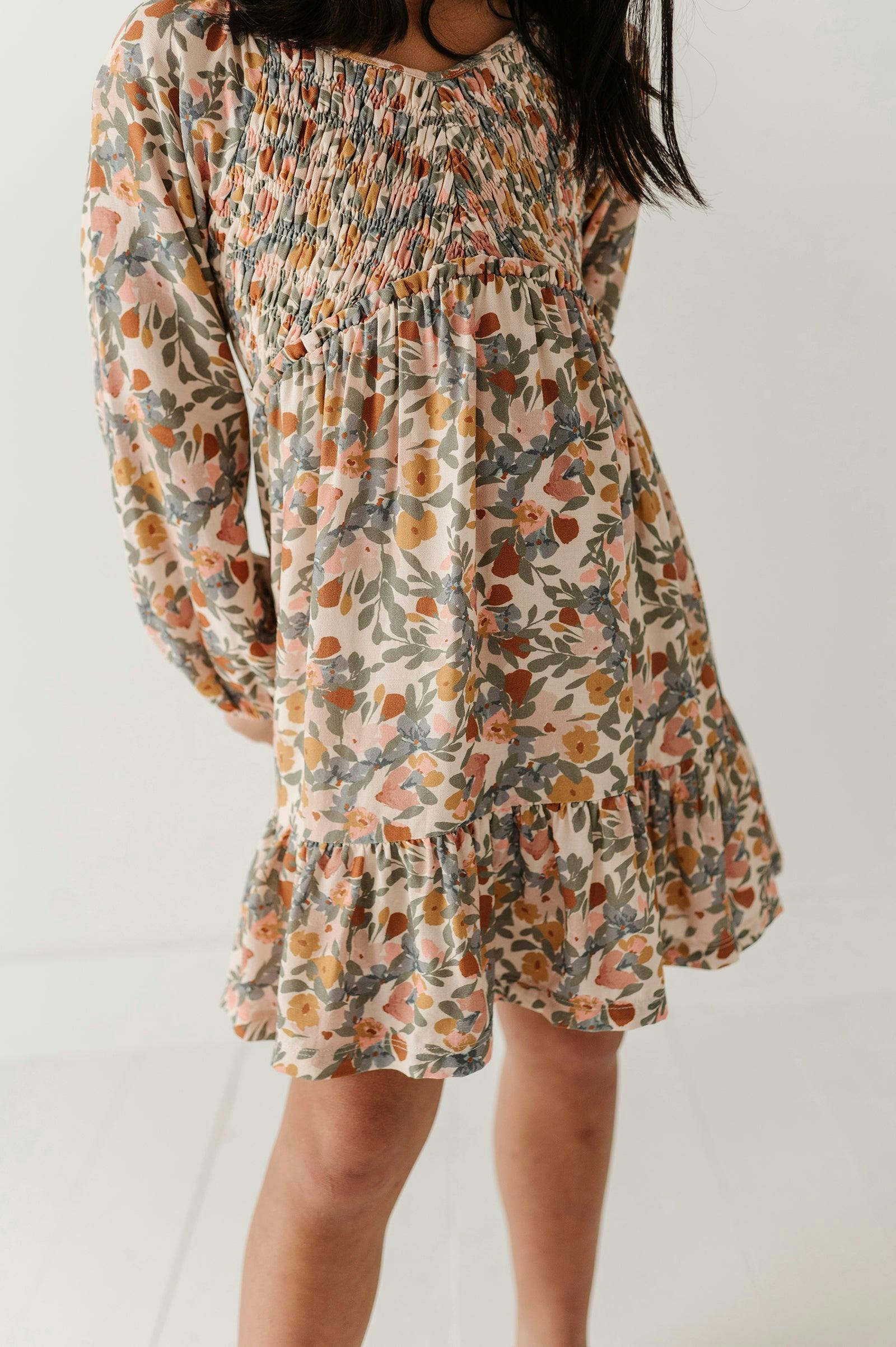 Girls Mitered Smocked Front Babydoll Dress in Mason Small Floral