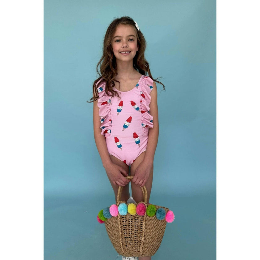Pinkie Bomb Pop Ruffle Shoulder One-Piece Swimsuit
