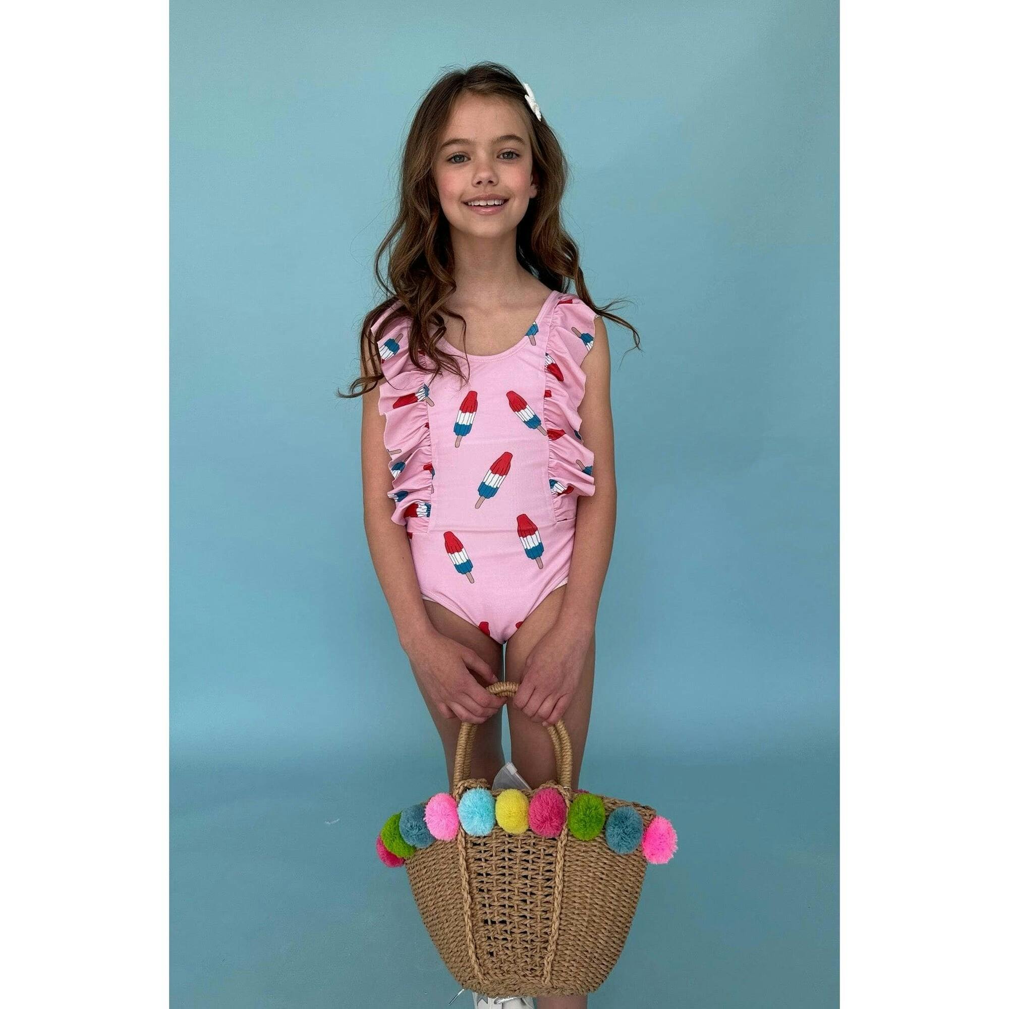 Pinkie Bomb Pop Ruffle Shoulder One-Piece Swimsuit