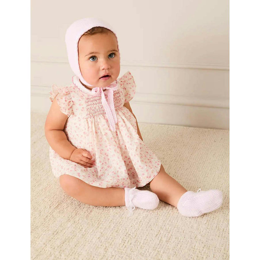 Martha Floral Hand Smocked Cap Sleeve Scallop Collar Dress in Pink (1-9mths)