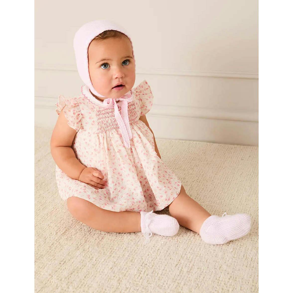 Martha Floral Hand Smocked Cap Sleeve Scallop Collar Dress in Pink (1-9mths)