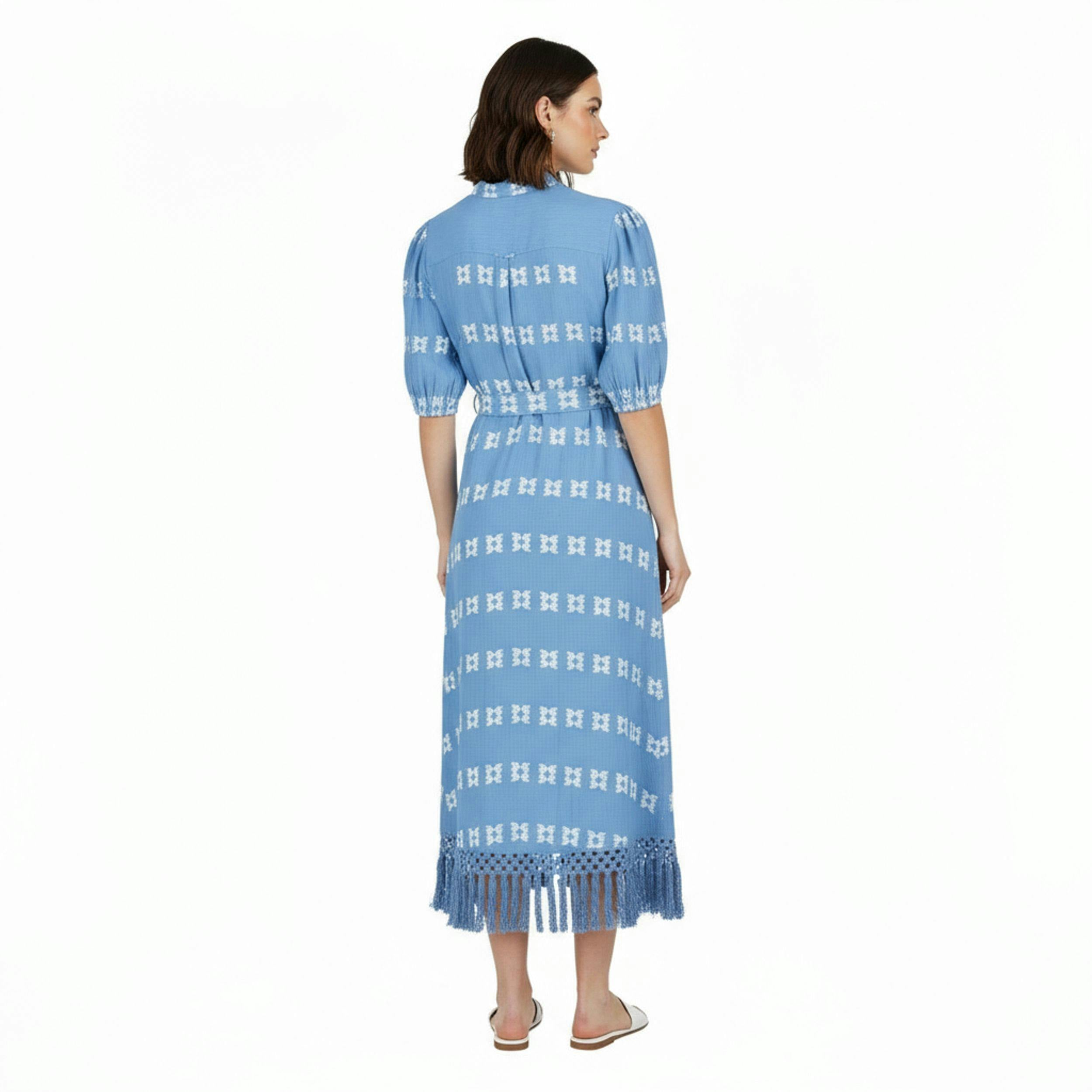 Estelle Womens Fringed Shirtdress Sky White Embroidery, Sky Blue