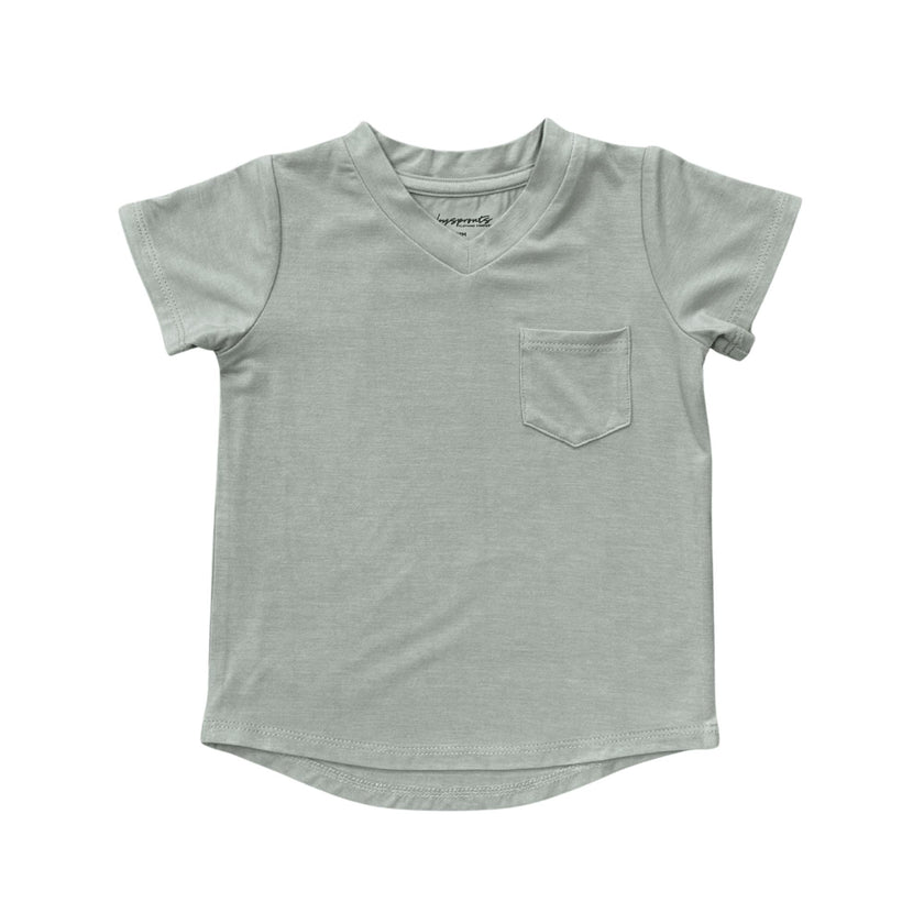 Girls V-Neck Pocket Tee in Aqua Grey