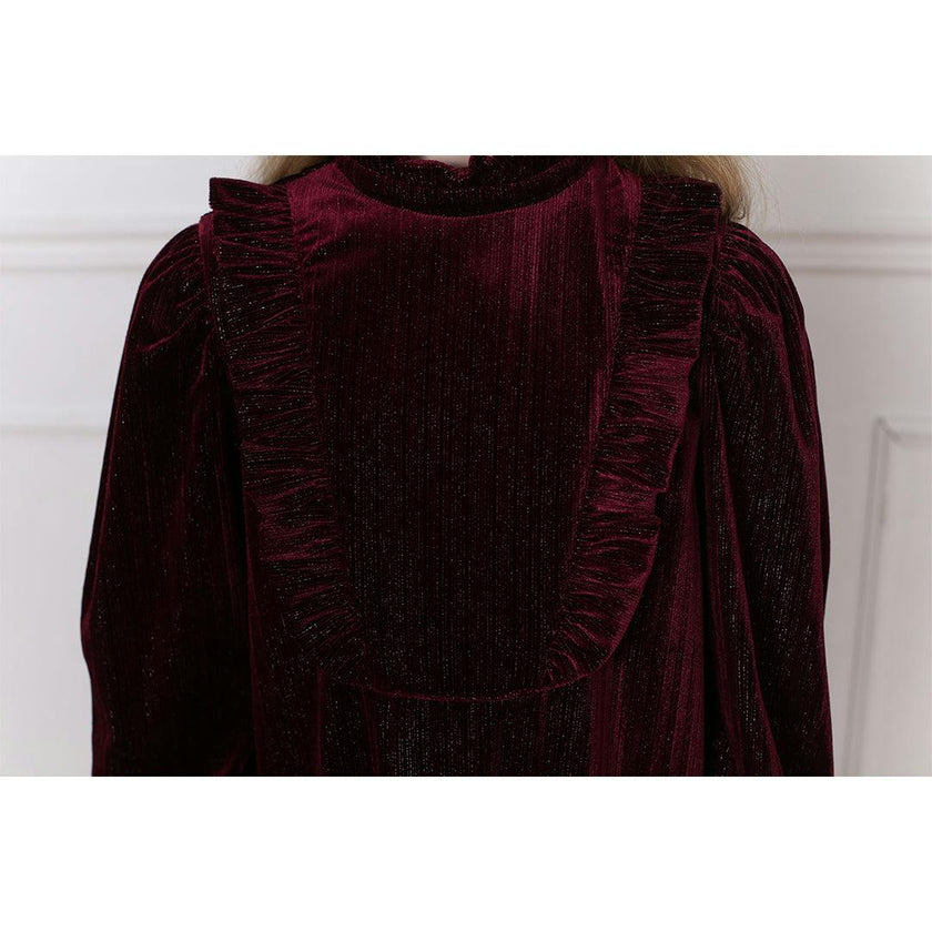 Lena Garnet Velvet Ruffle Collar Long Cuffed Sleeve Midi Dress, Red