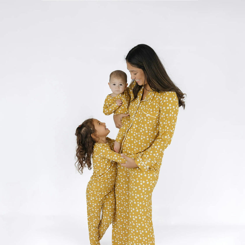 Golden Blooms Two-Piece Ribbed Bamboo Long Sleeve Kids Pajama Pants Set