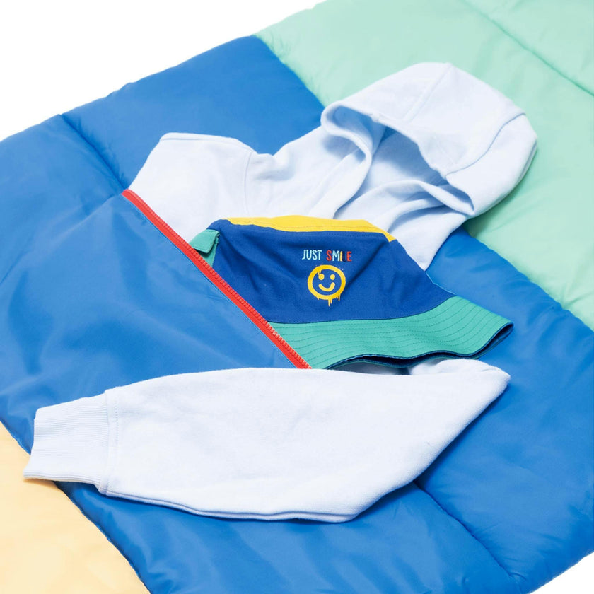 Sleep-N-Pack™ – Big Kid Size | Color Block Camp Collection: Blue Smile Face