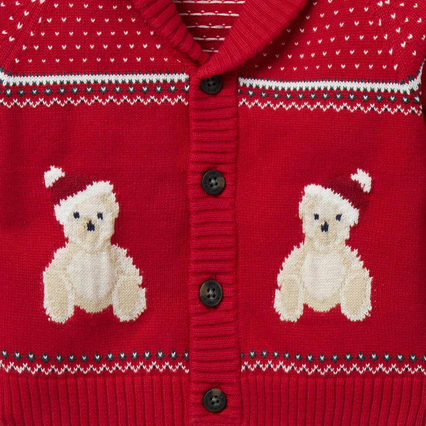 The Holiday Bear Baby Cardigan, red