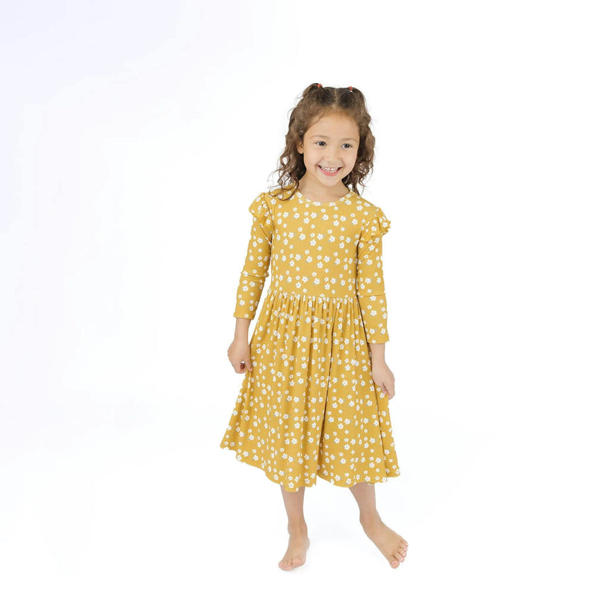 Golden Blooms Long Sleeve Ribbed Bamboo Twirl Dress