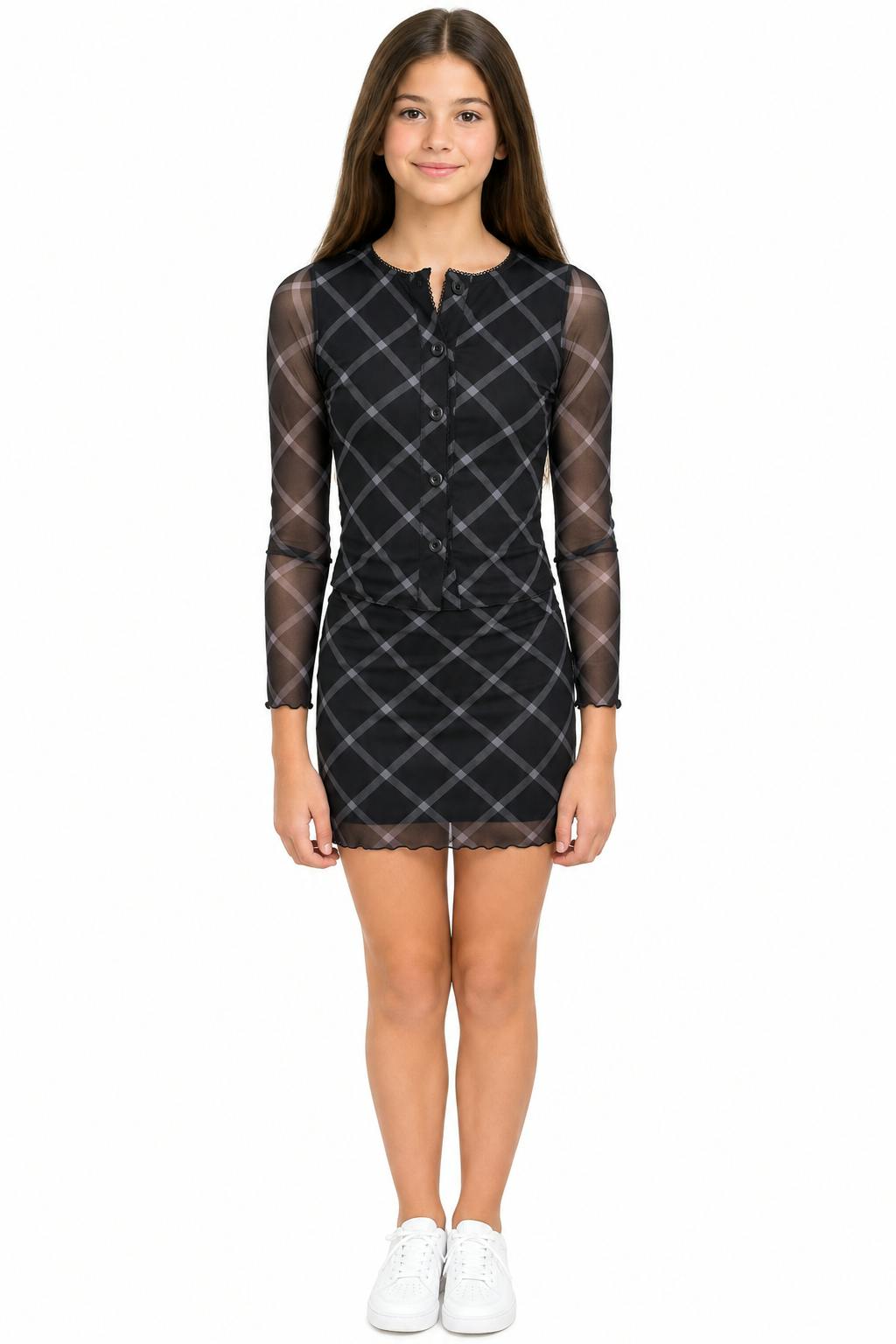 Girls Lauren Mesh Diamond Cardigan And Skirt Set