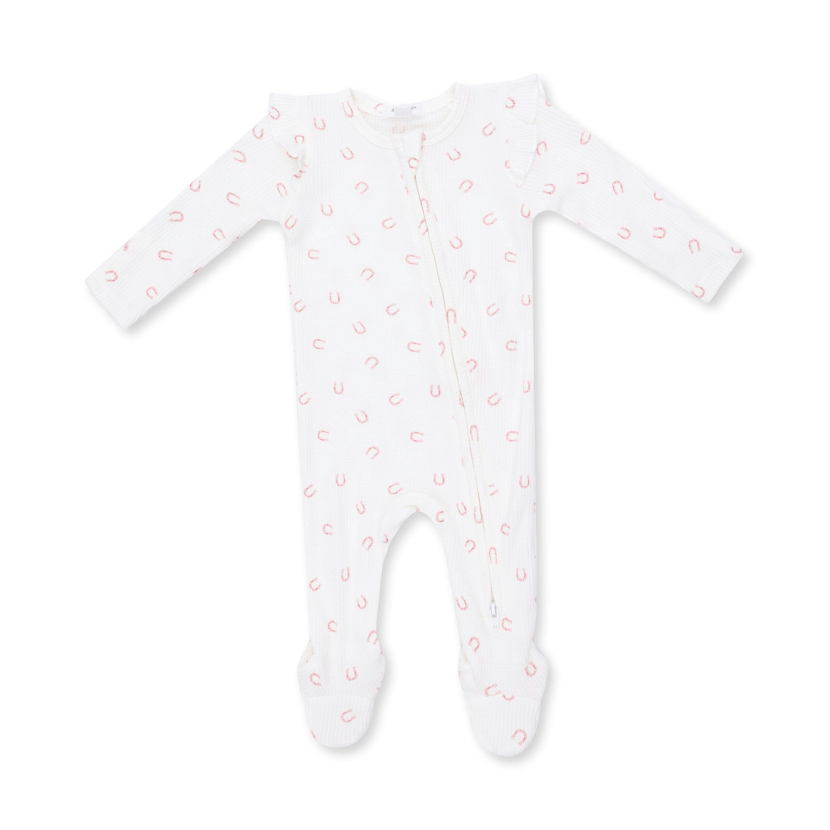 Little Horseshoes Pink - 2 Way Ruffle Sleeve Zipper Footie
