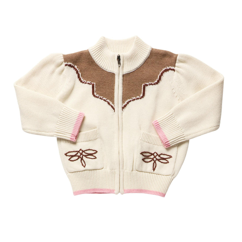 Girls Western Zip Sweater - Cream and Brown