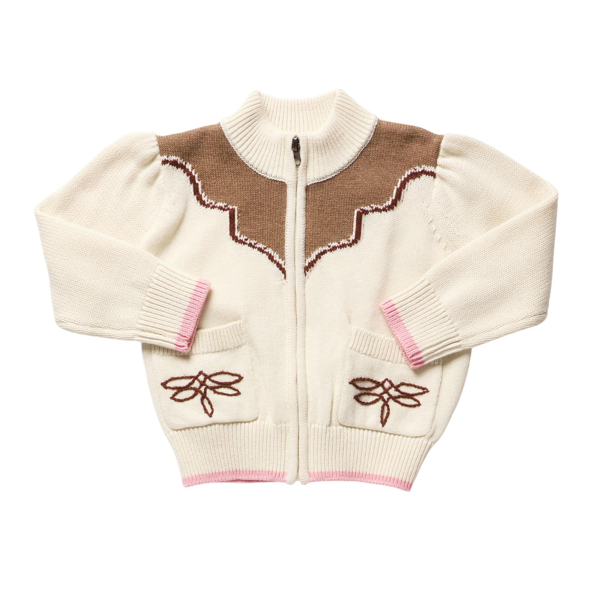 Girls Western Zip Sweater - Cream and Brown