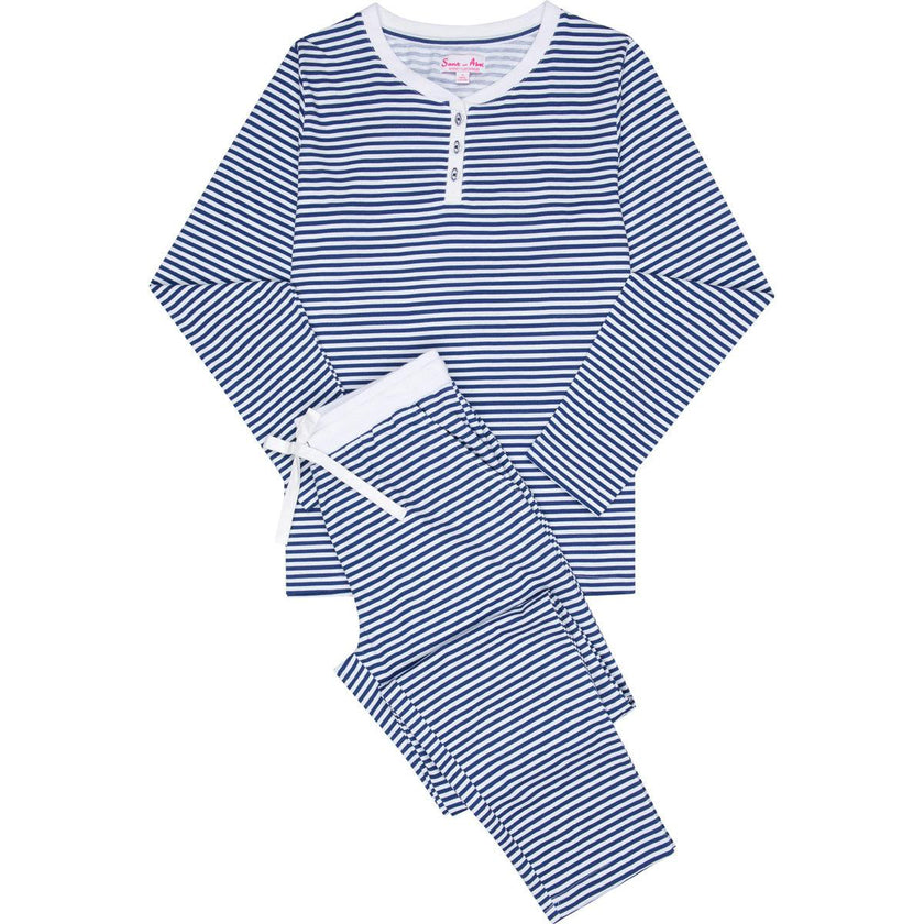 Women's Marina Jersey Long PJ Set - Navy Stripe Organic Stretch Cotton