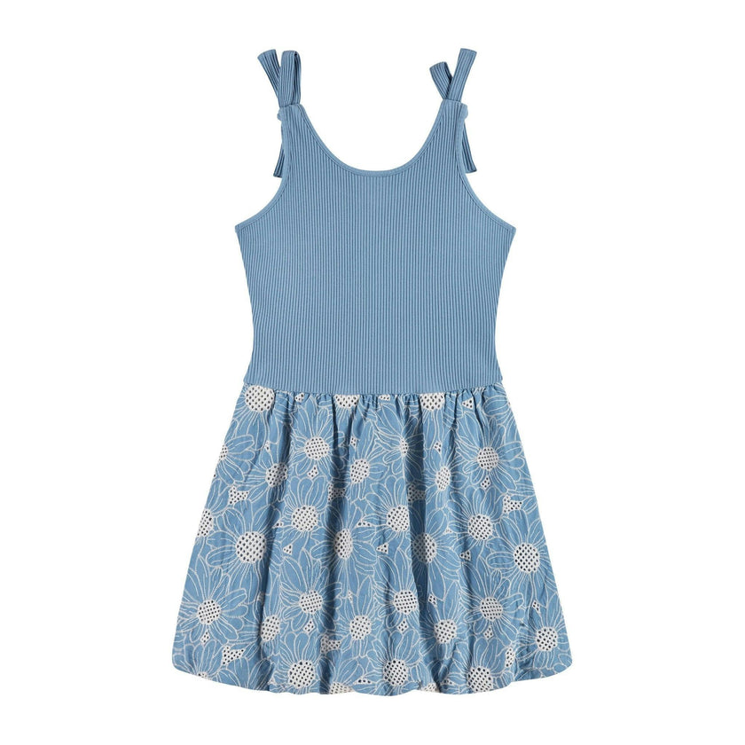 Tween Girls Rib Knit Bow Shoulder Dess | Floral Eyelet