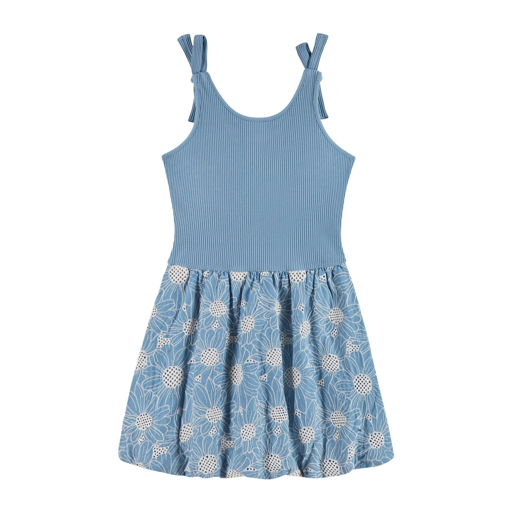 Tween Girls Rib Knit Bow Shoulder Dess | Floral Eyelet