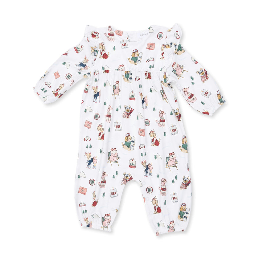Winter Sports Dogs Pink - Ruffle Sleeve Snap Romper