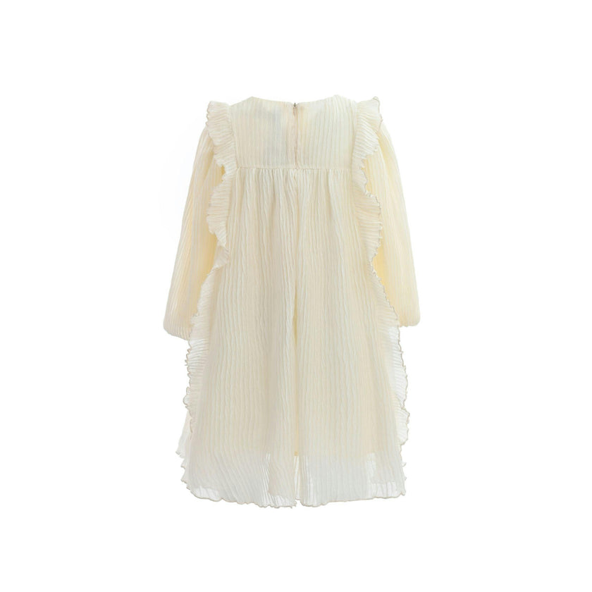 Cream Pleated Bow Dress