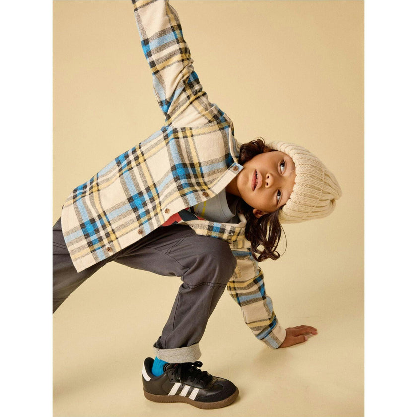 French Terry Plaid Shacket, Natural