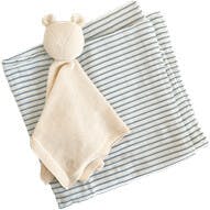 Blue Stripe Swaddle and Lovey Set - Cream Bear