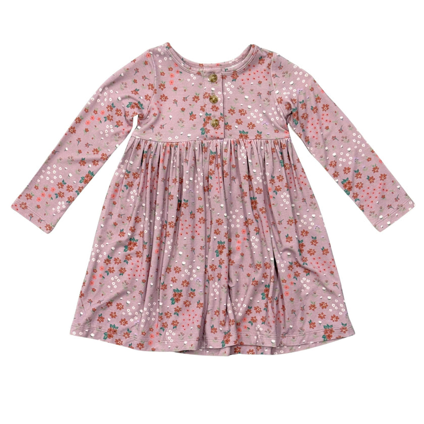 Girls Long Sleeve Henley Dress in Mini Lilac Cluster