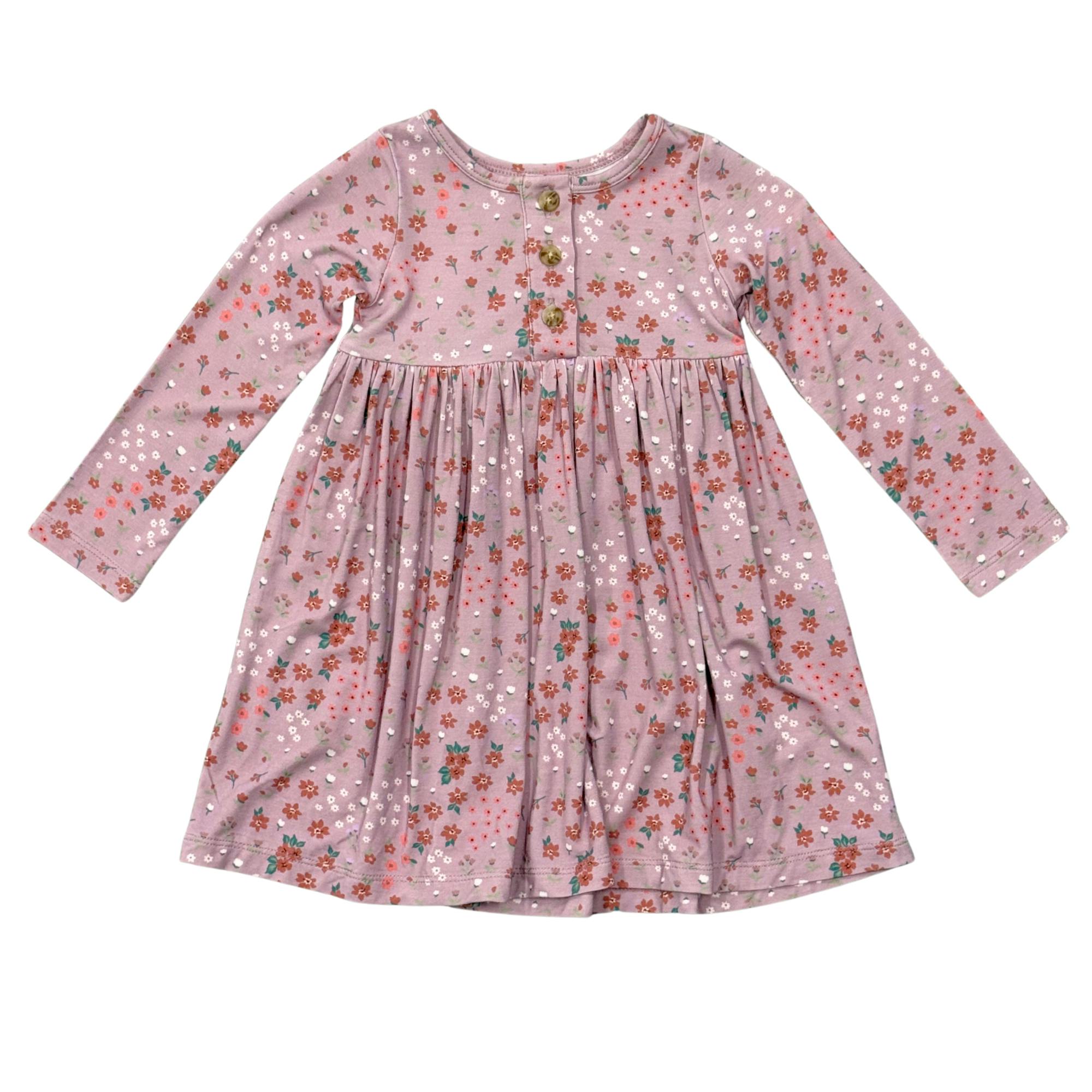 Girls Long Sleeve Henley Dress in Mini Lilac Cluster