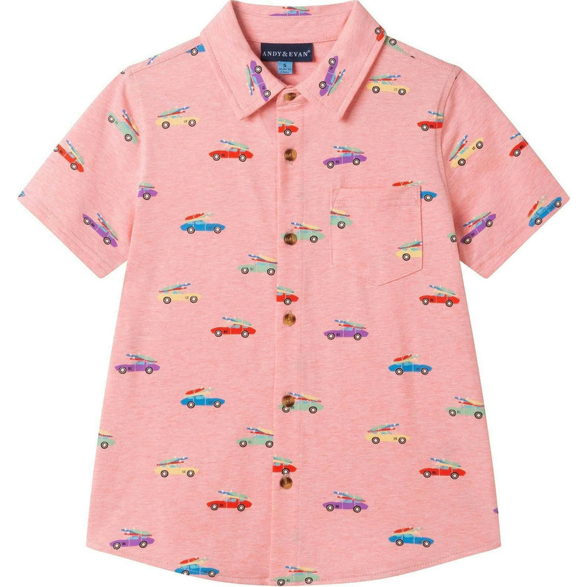 Boys Blue Printed Knit Buttondown | Orange Cars