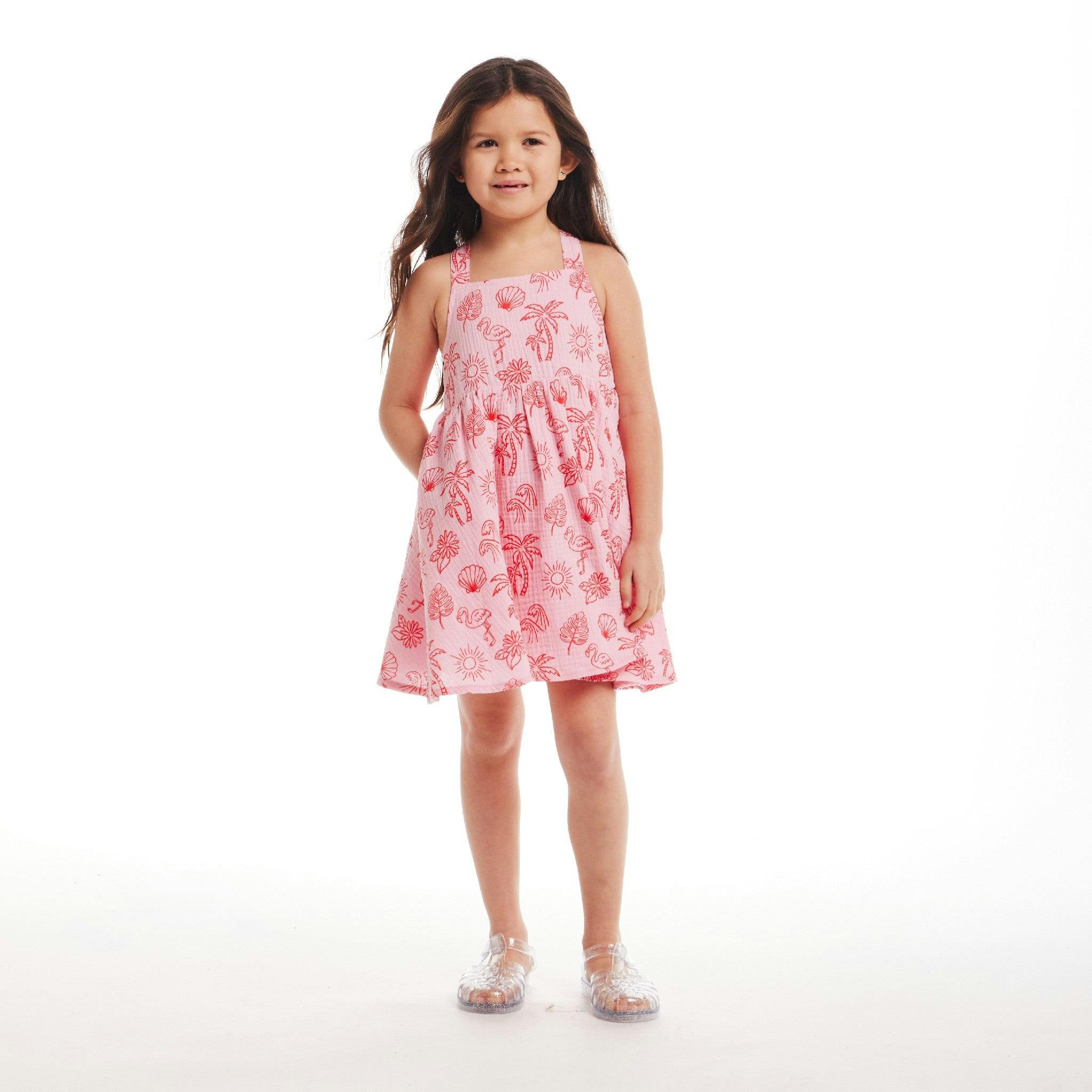 Kids Pink Tropical Icon Printed Gauze Dress