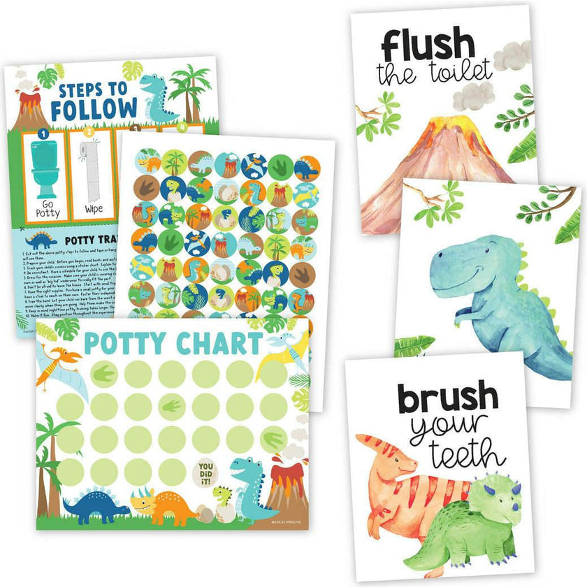 10-Piece Potty Training Charts & 6-Piece Dino Bathroom Wall Art Decor Prints