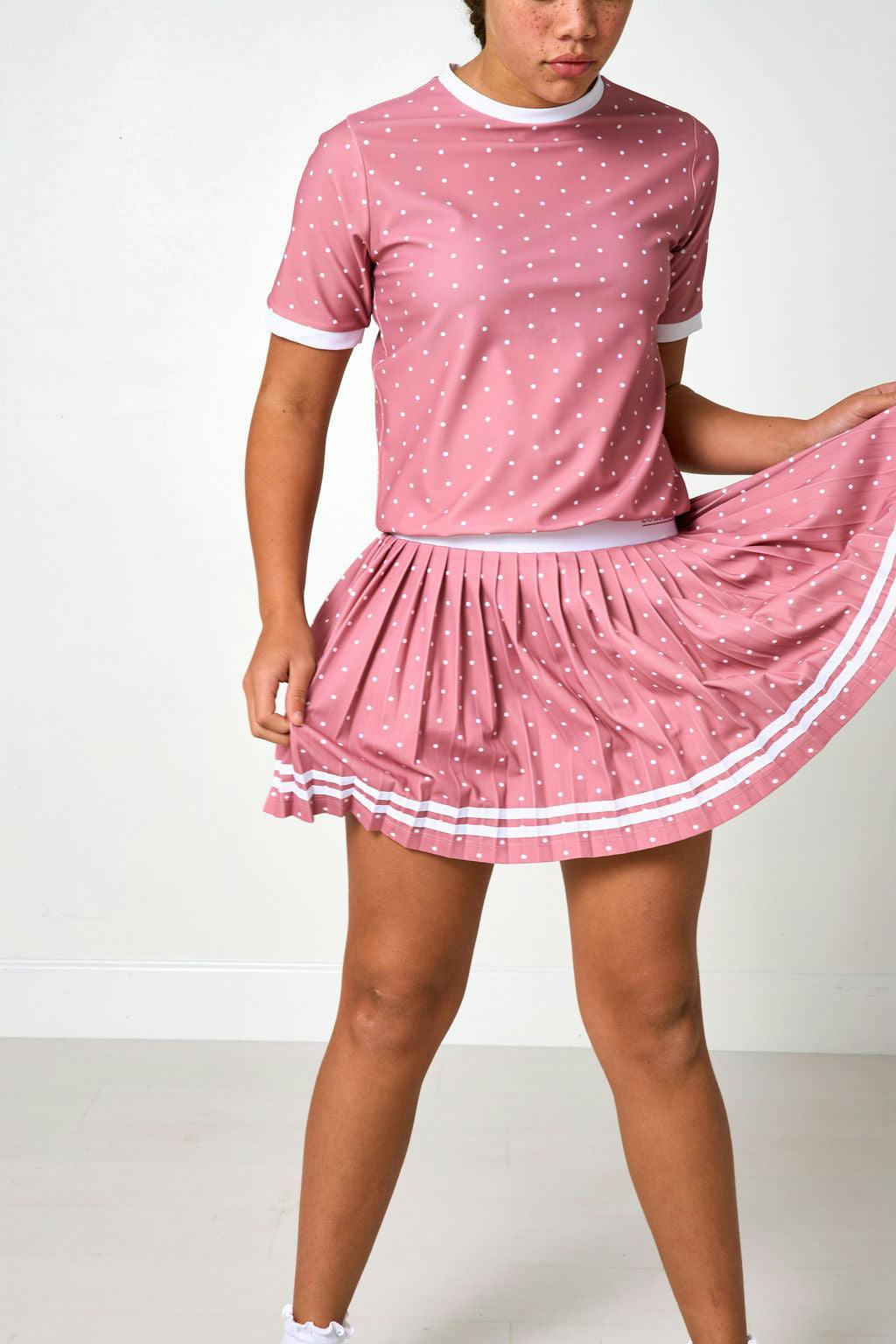 dusty pink polka dot pleated skort