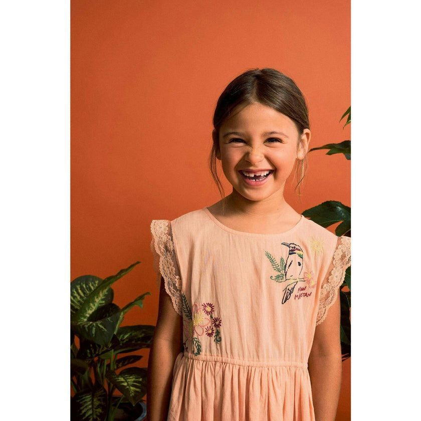 BIRDS EMBROIDERED DRESS PEACH