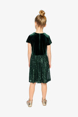 Bi-Material Short Sleeve Dress With Glittering Skirt Green Forest