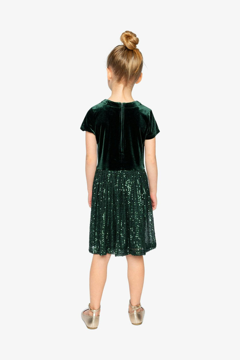 Bi-Material Short Sleeve Dress With Glittering Skirt Green Forest