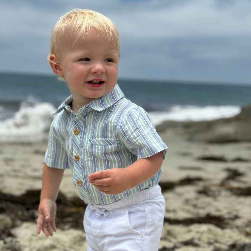 CHAMBRAY/MINT STRIPE HELFORD WOVEN ONESIE