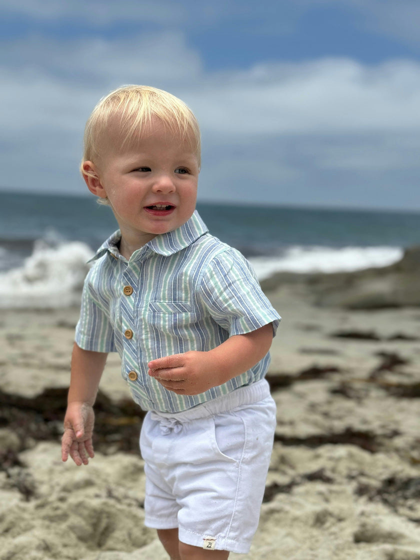 CHAMBRAY/MINT STRIPE HELFORD WOVEN ONESIE